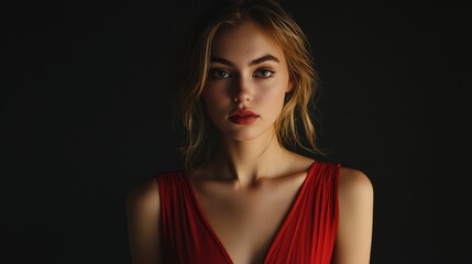 Fototapeta premium young woman with wavy blonde hair wearing a striking red dress poses elegantly against a dark background with direct eye contact