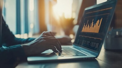 Businessman using laptop computer analyzing sales data and financial growth graph chart report.
