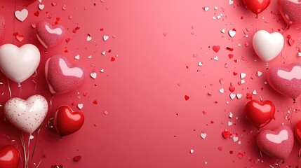 Valentine's Day banner featuring heart-shaped balloons, red and white confetti, and a vibrant pink background. Ideal for romantic campaigns, greeting cards, and festive promotions