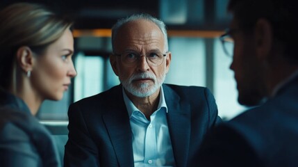 Obraz premium Senior businessman engaging in serious discussion with male and female colleagues in a modern corporate office with warm lighting and blue tones.