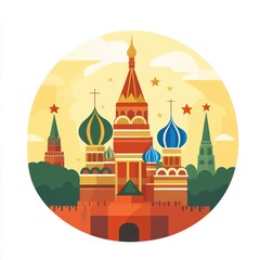 Obraz premium Circular vector artwork of Saint Basil's Cathedral in warm tones, representing Russian heritage.