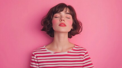 Obraz premium Contemplative young woman with short wavy hair wearing pink and white striped shirt and closed eyes, set against a vibrant pink background.