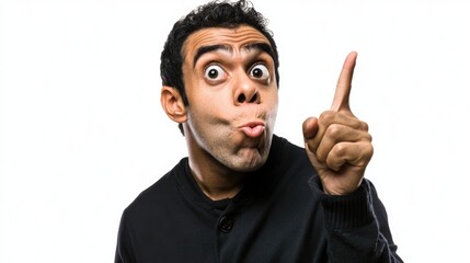 Naklejka premium Brazilian man with curly black hair in casual black sweater expressing excitement and pointing with index finger over bright white background