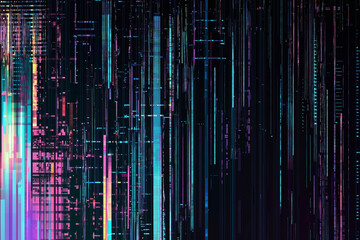Digital glitch art with vibrant RGB distortion, creating mesmerizing visual effect. image features vertical lines and abstract patterns, evoking sense of modern technology and digital aesthetics