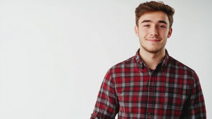 Fototapeta premium Smiling young adult male with medium brown hair in plaid shirt posing confidently against white background, holding a hardcover book for notes and documents.