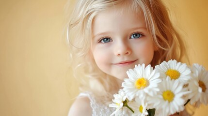 Fototapeta premium smiling young girl with long blond hair holding white daisies against a soft orange background capturing innocence and joy