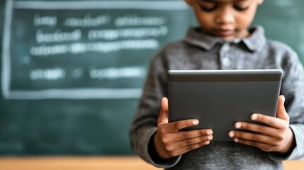 Child Using Tablet in Minimalist Classroom Setting