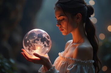 Naklejka premium A woman holds the Earth, the universe, and the planet in her hands, protecting and saving it. The whole world is in the palm of a young woman's hand.
