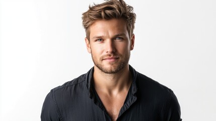 Obraz premium Handsome young adult man with stylish wavy hair wearing a black casual shirt smiling at camera against a bright white background.