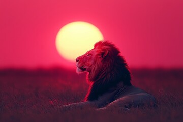 Fototapeta premium Majestic lion silhouetted against a vibrant sunset.