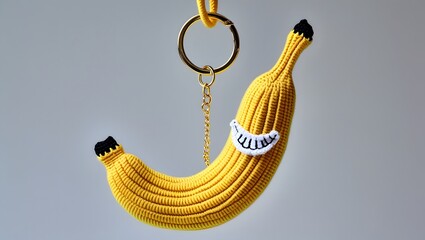 colored crochet banana keychain with a partially peeled yellow exterior, subtly textured to resemble the natural ridges and curves of a real banana, revealing a soft, light beige fruit inside, 