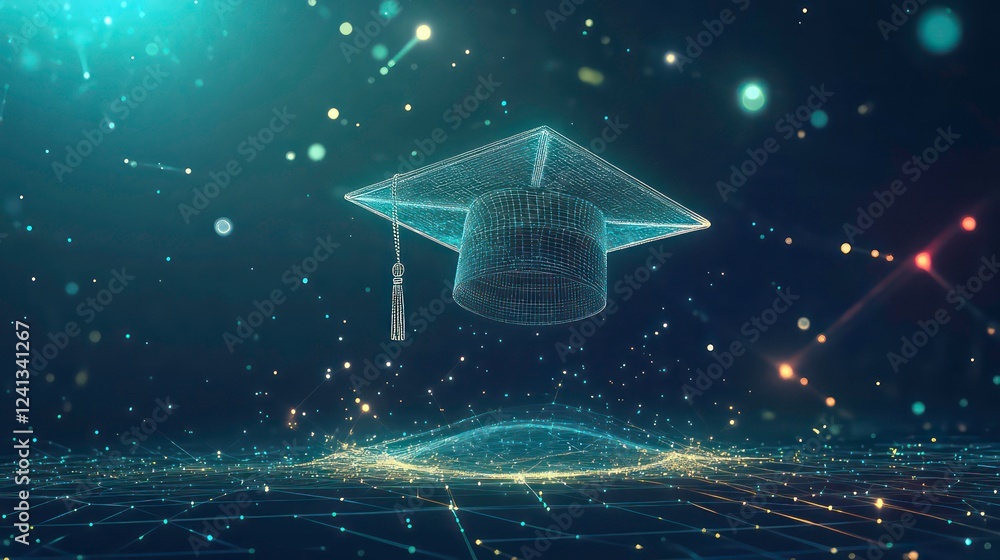 Poster abstract digital art of an open graduation cap made from glowing lines and dots, floating above a ne