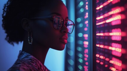 Data Visualization and Analysis by African American Woman in High-Tech Server Room with Neon Lighting and Digital Interface Elements