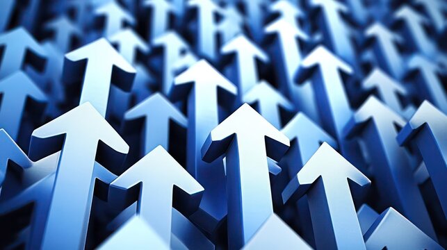 A blue background with arrows pointing upwards, representing stock market growth or business success in the financial industry graph show upward trends, symbolizing positive progress