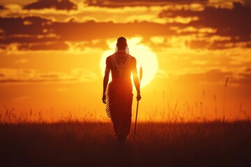 Silhouette of a warrior at sunset in the savanna.