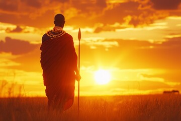 Silhouette of a person at sunset in the savanna.