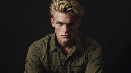 Fototapeta premium Portrait of a young masculine figure with tousled blond hair wearing a khaki shirt, set against a dark black background, conveying confidence and strength.