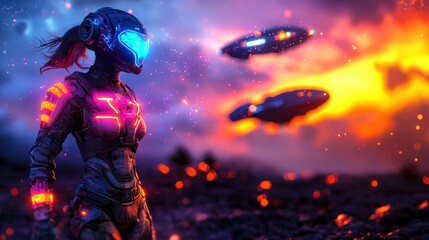Fototapeta premium Futuristic scene of a woman in a glowing helmet observing UFOs against a volcanic landscape at sunset