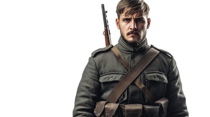 Fototapeta premium German Infantry Soldier Reenactor in Historical World War One Uniform with Rifle and Military Gear Posing Against White Background
