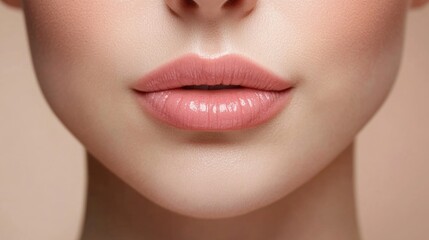 Obraz premium Natural plump lips enhancement with hyaluronic acid filler on youthful woman showcasing smooth soft pink lips in spa center with neutral background