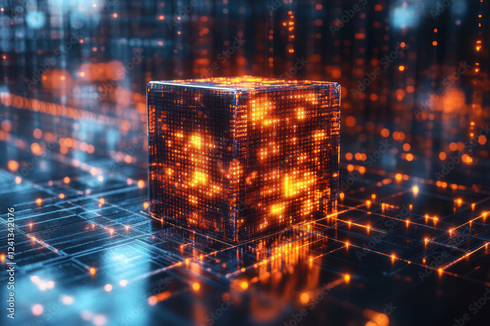 Poster a futuristic glowing cube made of digital elements and data. it is surrounded by a cybernetic enviro