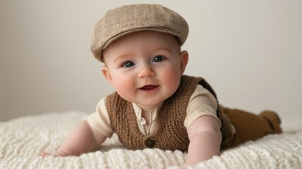 Charming infant boy in stylish brown knitted vest and cap, lying on textured cream blanket with soft focus background, bright natural light