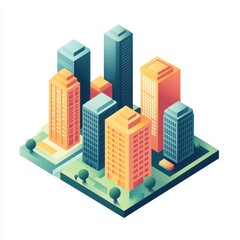 Obraz premium Isometric modern skyscrapers with detailed urban environment and varying building heights.