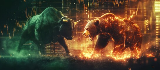 Raging bull and burning bear collide, symbolizing market volatility. Digital stock charts in background highlight intense fluctuations between bullish and bearish trends