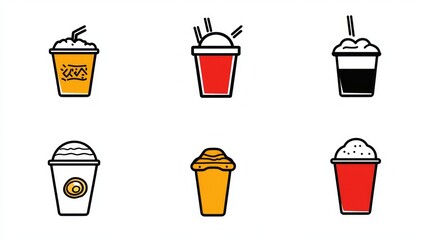 Six colorful cartoon-style beverage icons coffee, tea, soda, and smoothies.