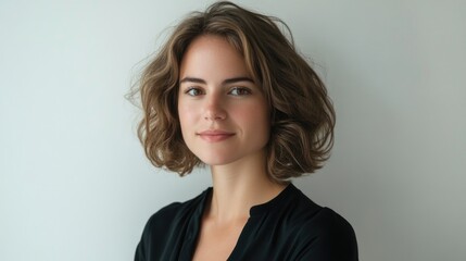 Obraz premium Confident young adult woman with natural beauty and curly brown hair posing in a studio setting on a soft white background, showcasing skincare and wellness aesthetic.