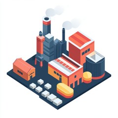 Fototapeta premium Isometric industrial complex with multiple buildings, smokestacks, and storage areas.