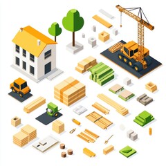 Obraz premium Isometric illustration of construction materials and equipment arranged neatly, including wooden planks, bricks, and a crane.
