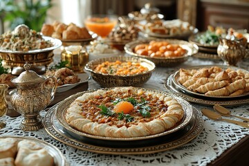A lavish spread of savory pastries meat dishes and various side dishes displayed on antique metallic platters