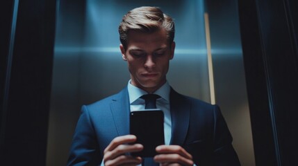 Businessman in formal navy suit recording video on smartphone in modern elevator with soft lighting and reflective walls