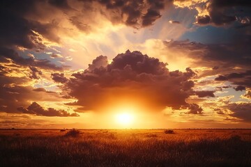 Fototapeta premium Golden sunset over a vast savanna landscape.