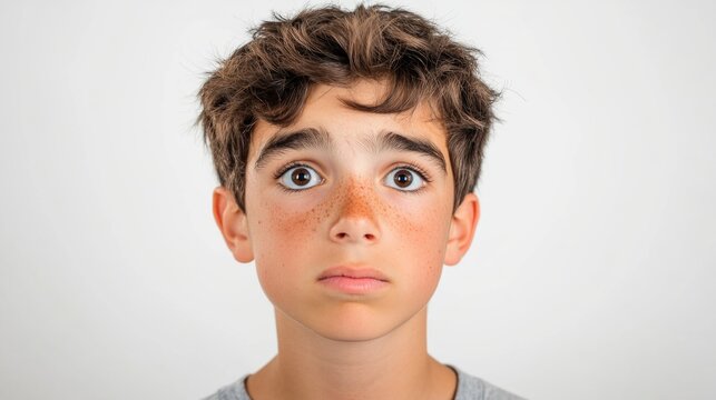 Skeptical teenage boy with short curly hair and freckles, natural skin tone, gazing thoughtfully against a bright white background.