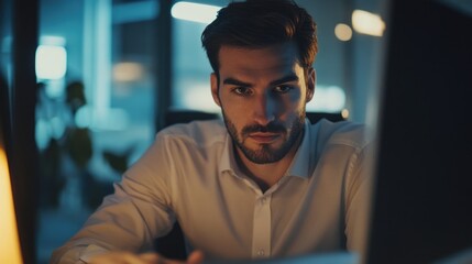 Obraz premium Concentrated businessman in white shirt working late at night on computer in modern office with soft blue lighting and focused expression