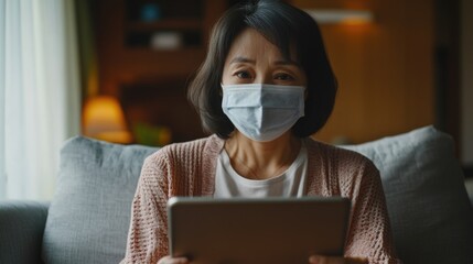 Middle-aged Asian woman wearing a protective mask in casual sports attire engaging in an online workout session on a tablet at home during COVID-19 lockdown.