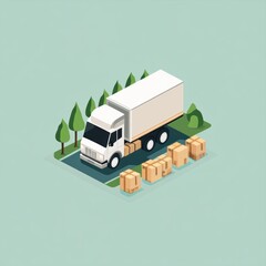 Obraz premium Isometric illustration of a white delivery truck with cardboard boxes in a green environment.