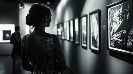 Elegant woman in evening gown admiring black and white artwork at modern exhibition gallery with ambient lighting and art displays.
