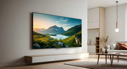 Scenic mountain landscape displayed on modern TV in living room
