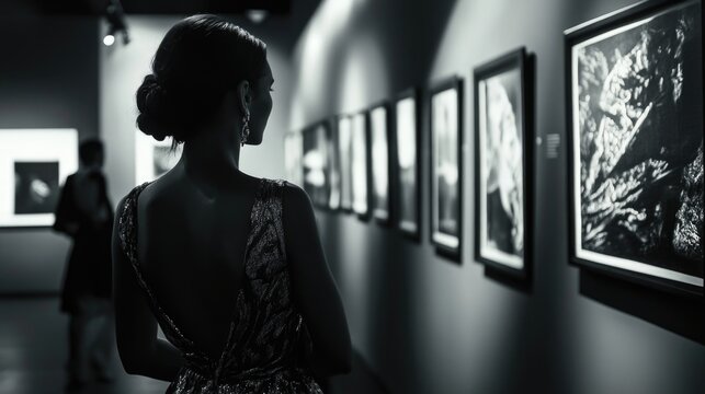 Elegant woman in evening gown admiring black and white artwork at modern exhibition gallery with ambient lighting and art displays.