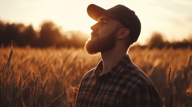 Young man with a beard in plaid shirt and cap standing in golden wheat field during sunset with warm light creating a serene rural atmosphere