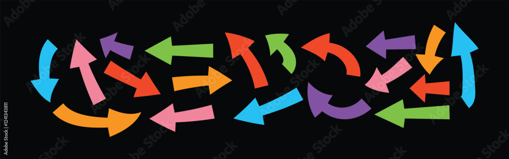 Poster set of arrow signs colorful and direction pointers in different styles. set of many different arrow 