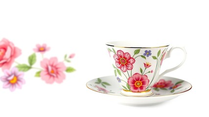 Fototapeta premium Teacup and Saucer Adorned with Botanical Accents
