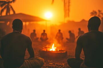 Silhouetted figures gather around a campfire at sunset.
