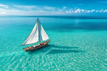 Fototapeta premium Sailboat gliding on tranquil turquoise waters.