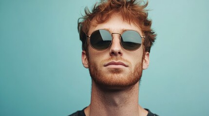 Obraz premium Serious young adult Caucasian man with hipster style wearing round sunglasses, posing confidently against a bright blue background.