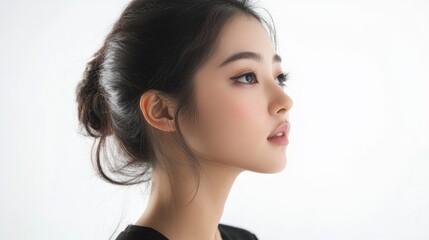 Fototapeta premium Profile portrait of a young Asian woman with long dark hair in a bun against a bright white background showcasing a serene expression and soft facial features.