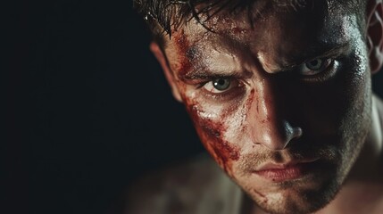 Intense portrait of young man with bruised and bloodied face conveying struggles and conflict in dramatic lighting against a dark background.
